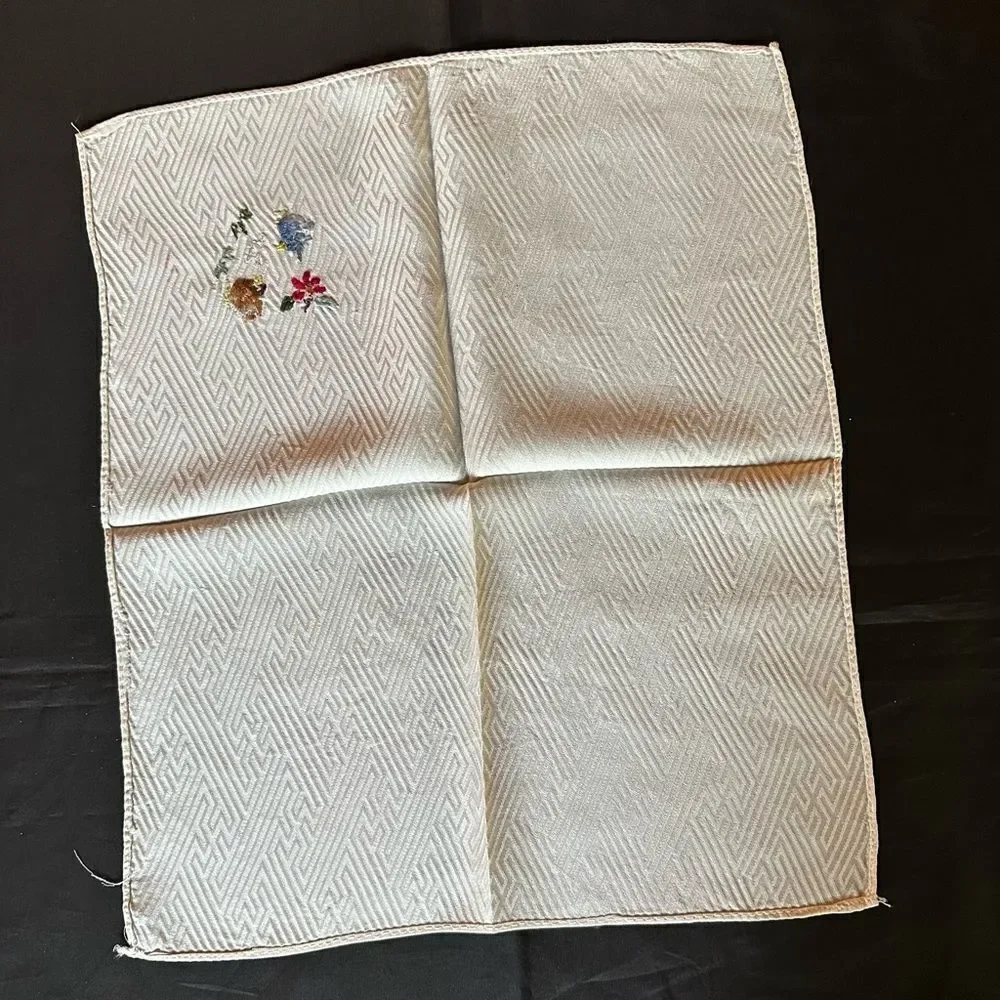 Vintage Bird Motif Embroidered Cream Silk Napkin